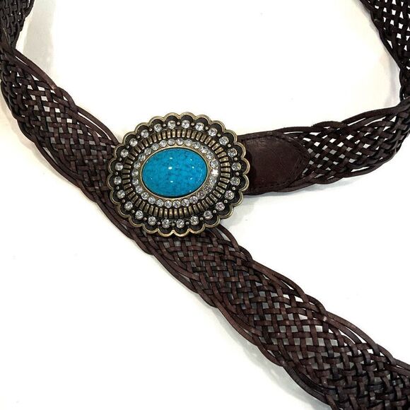 BOSTON PROPER Woven Leather Belt with Turquoise Buckle (Sz L) - Picture 2 of 8